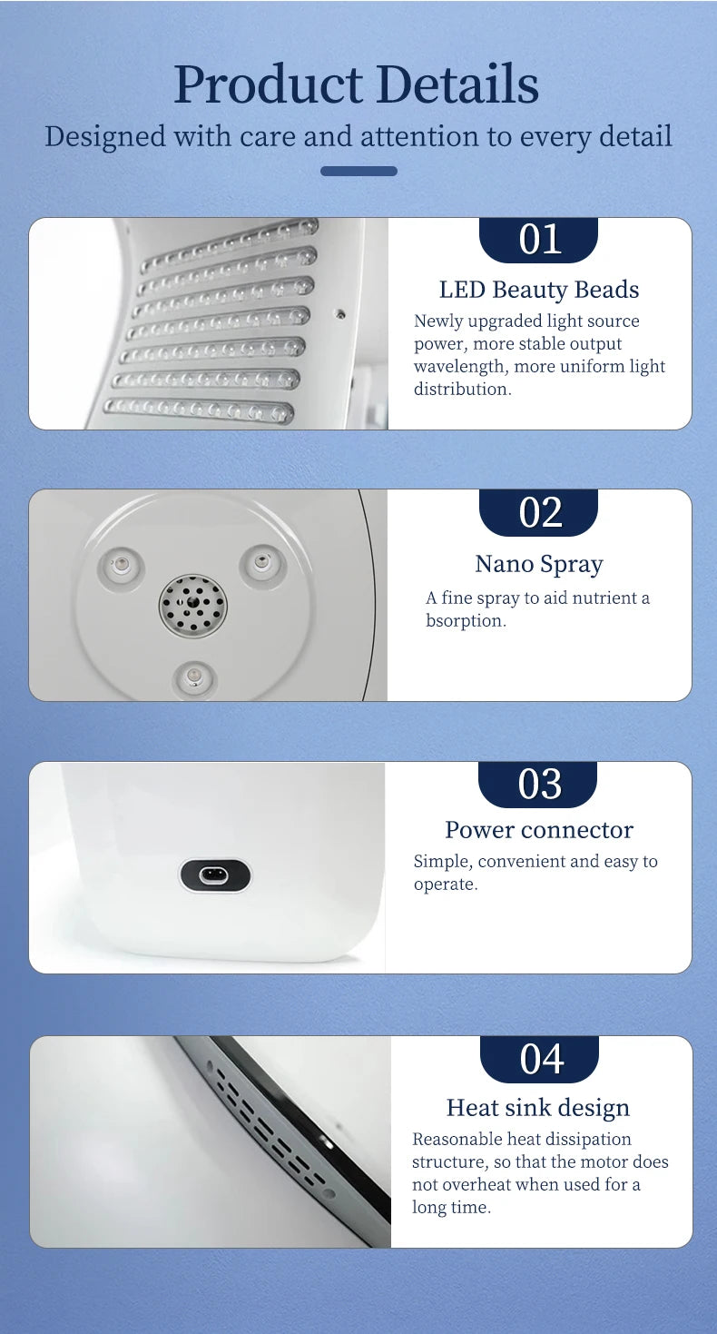 White plastic facial device featuring LED light strips, a nano spray nozzle, power port, and side cooling vents.