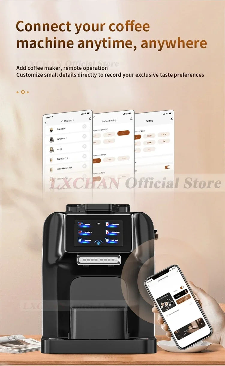 LXCHAN black smart coffee machine with touchscreen display, remote controlled via mobile app for personalized brewing.