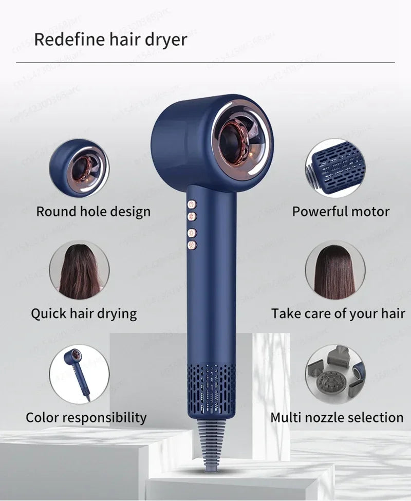 Navy blue 1600W ionic leafless hair dryer with styling nozzles and powerful motor for quick, damage-free drying.