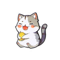 Cute grey and white cat enamel pin brooch holding a yellow bird, perfect for backpacks or as a fashion accessory gift.