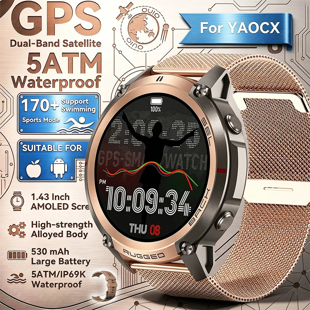 2026 New Outdoor GPS Smart Watch Map Compass Navigation 5ATM Waterproof Bluetooth Call 100+Sport Mode Men AMOLED HD Smart Watch