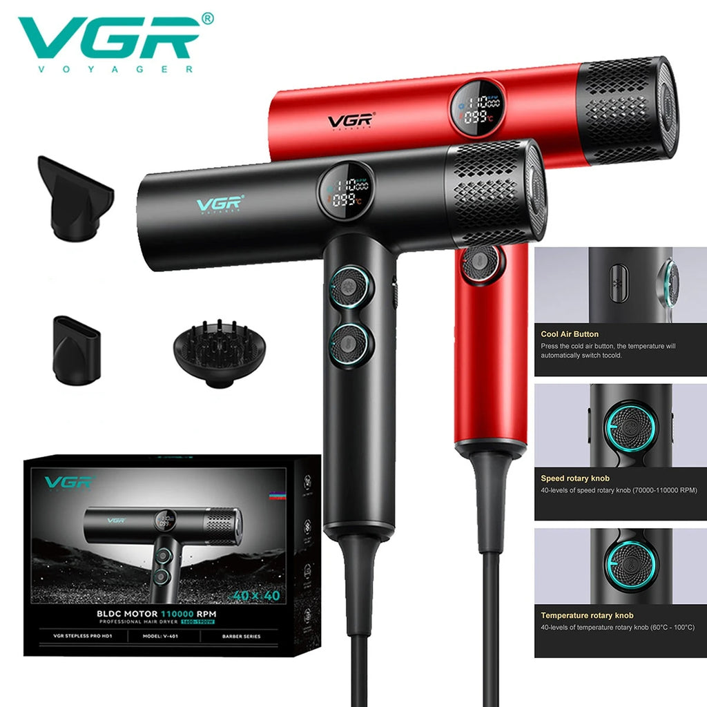 VGR V-401 professional hair dryer with digital display, brushless motor, attachments, and speed/heat control knobs.