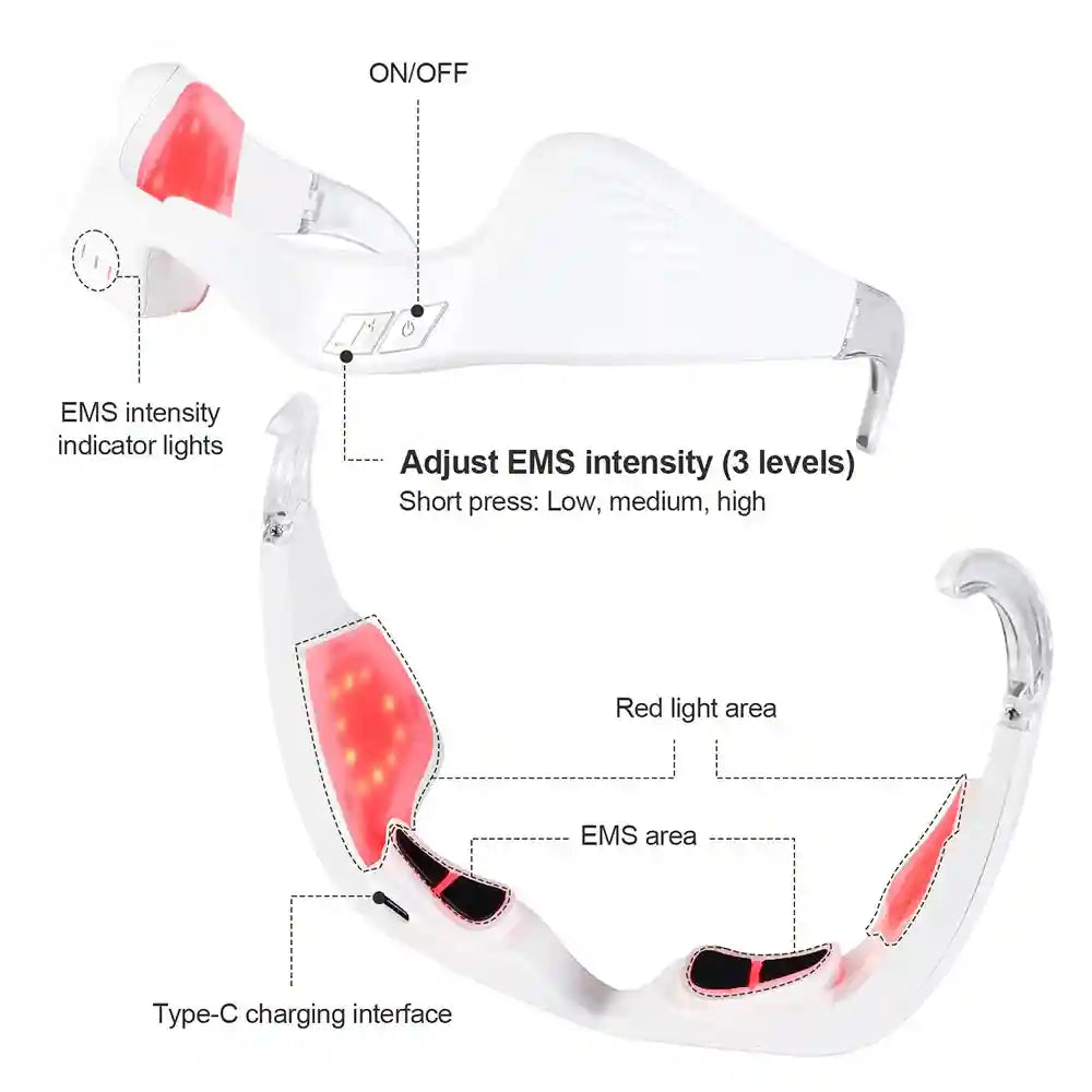 White electric under-eye massager with red light therapy, 3 EMS intensity levels, and USB-C charging for eye fatigue.