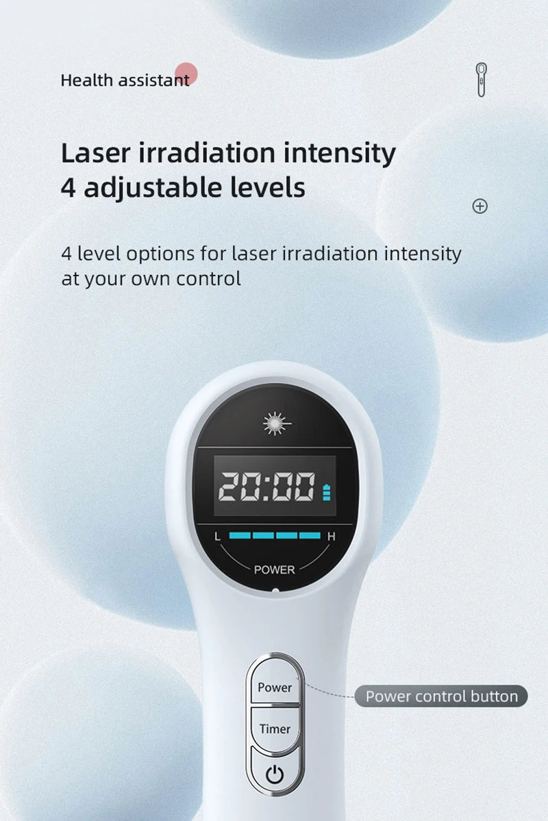 White handheld cold laser therapy device with digital display, 4 intensity levels, and power/timer control buttons.
