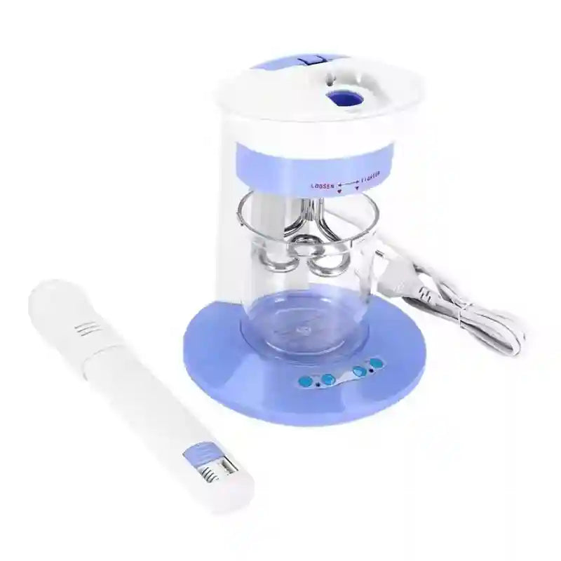 White and blue professional facial thermal steamer with glass water tank and hand-held attachment for skin care.