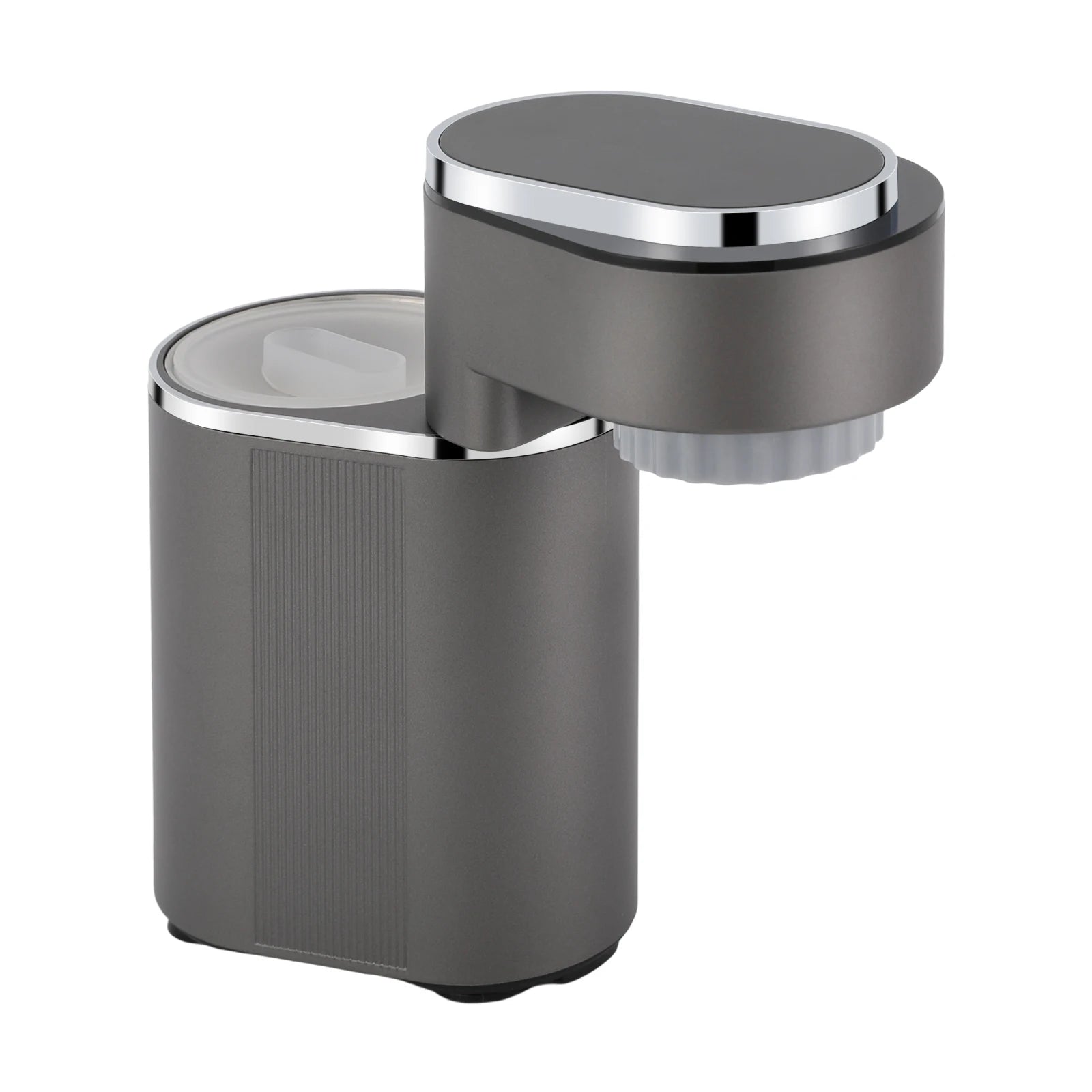 Modern dark gray electric coffee grinder with chrome accents and compact minimalist design isolated on white background.