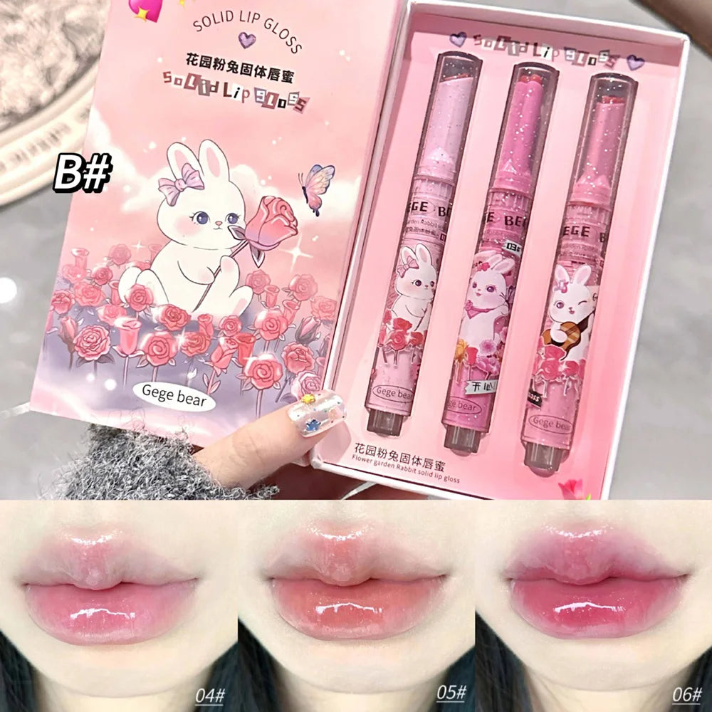 Gege Bear Garden Rabbit solid lip gloss set: moisturizing, watery finish, pigmented pink lip balm shades.
