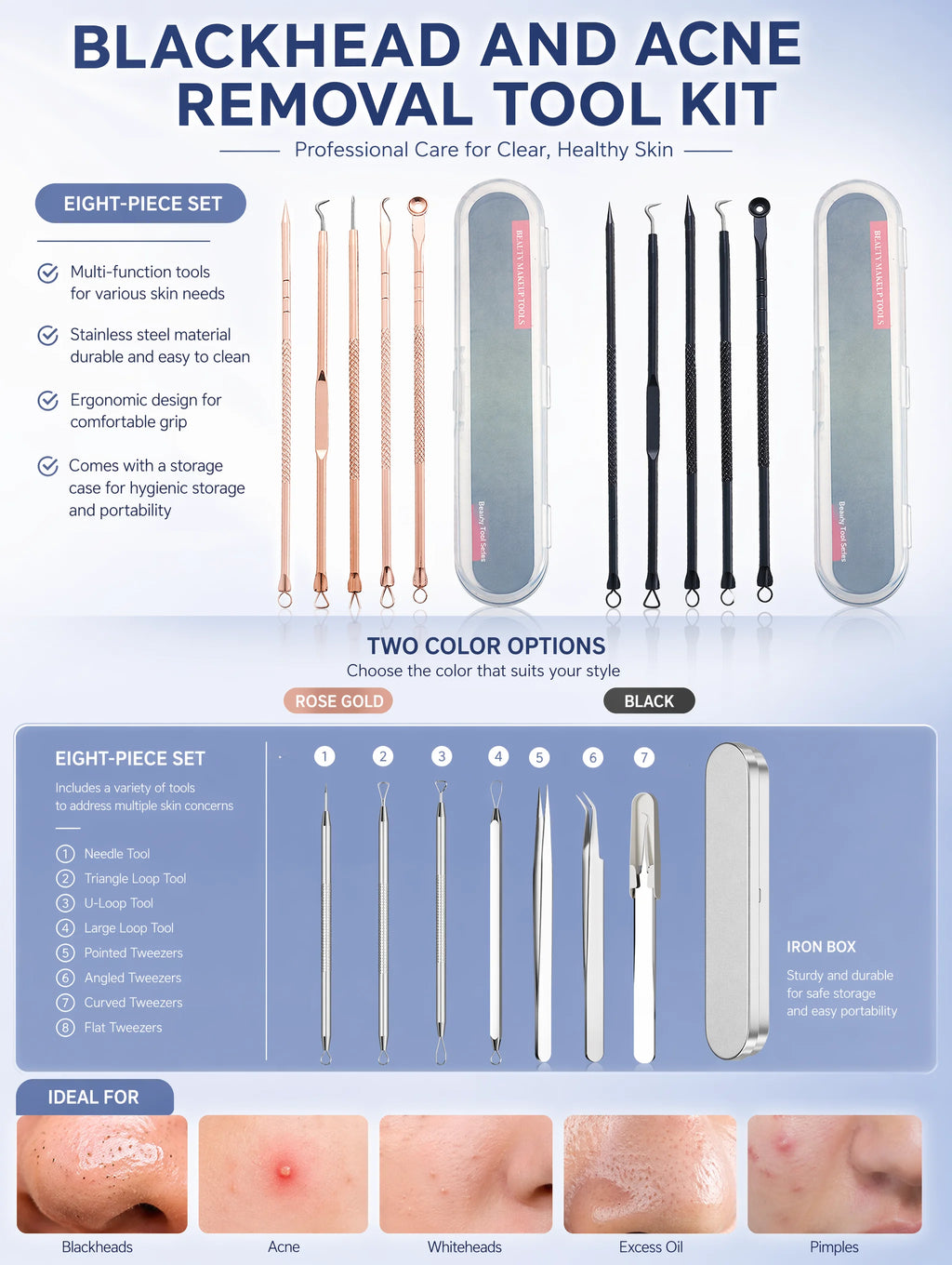 Stainless Steel Acne Needle Set of 8 Pieces, High-Density Blackhead Tweezers, Professional Acne Extraction Needles, Tool for Removing Closed Comedones, Portable Storage Set for Home and Beauty Salon Use