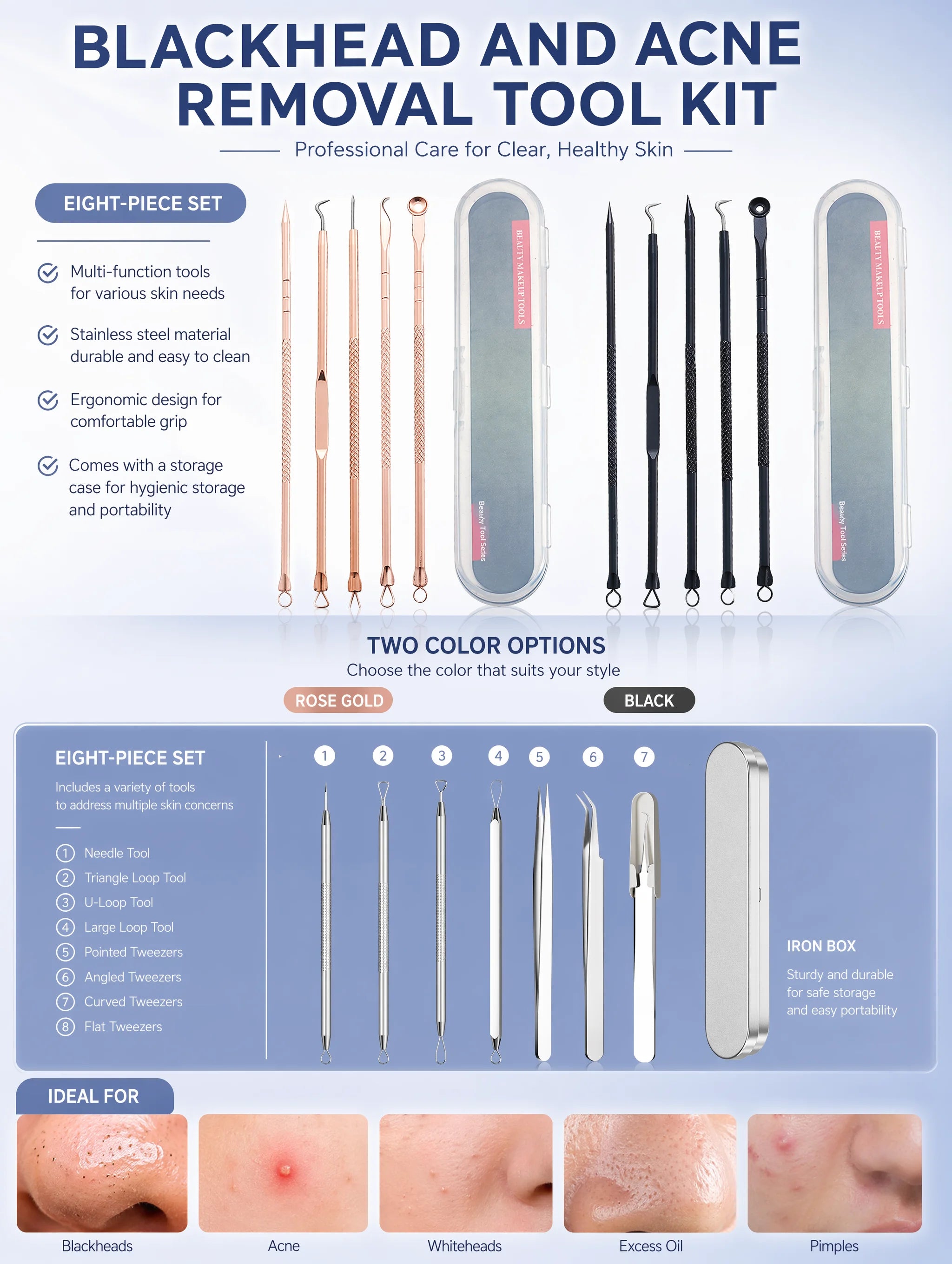 Stainless Steel Acne Needle Set of 8 Pieces, High-Density Blackhead Tweezers, Professional Acne Extraction Needles, Tool for Removing Closed Comedones, Portable Storage Set for Home and Beauty Salon Use