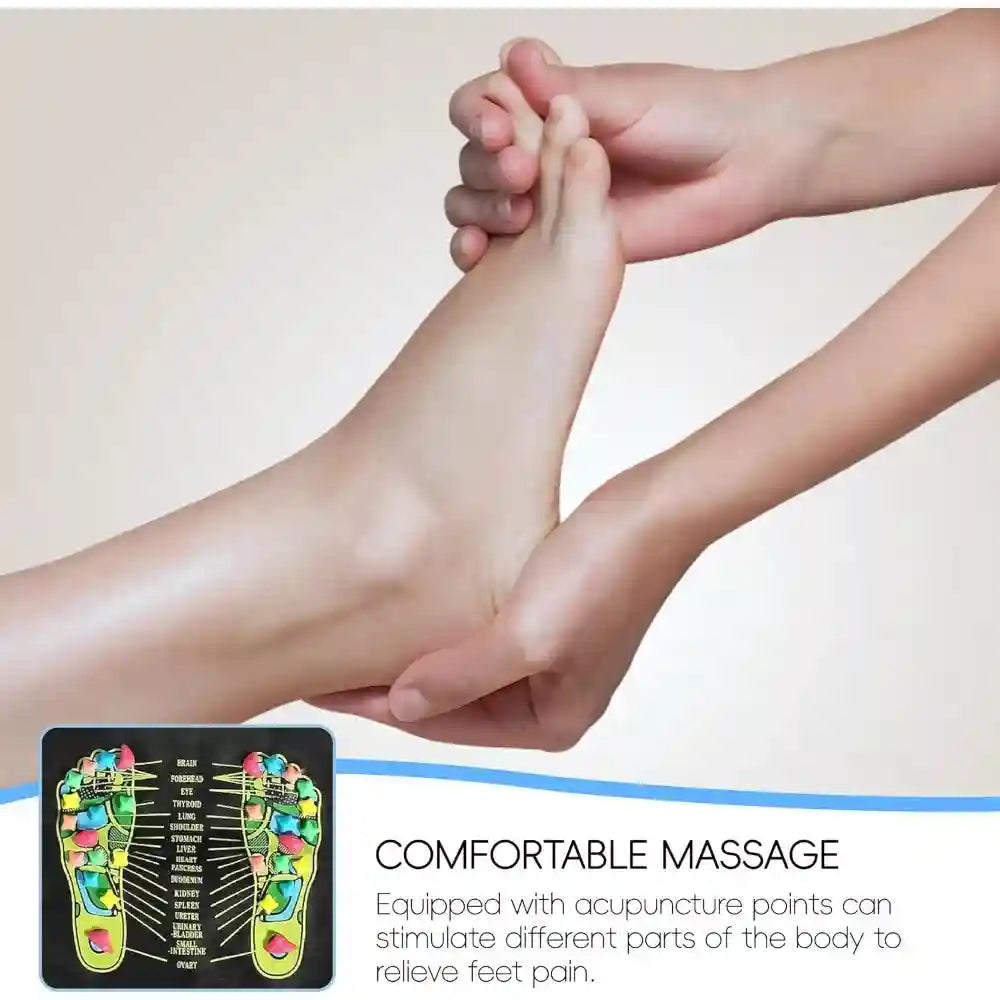 Reflexology foot massage mat with colorful pressure point markers for foot pain relief and stimulation.
