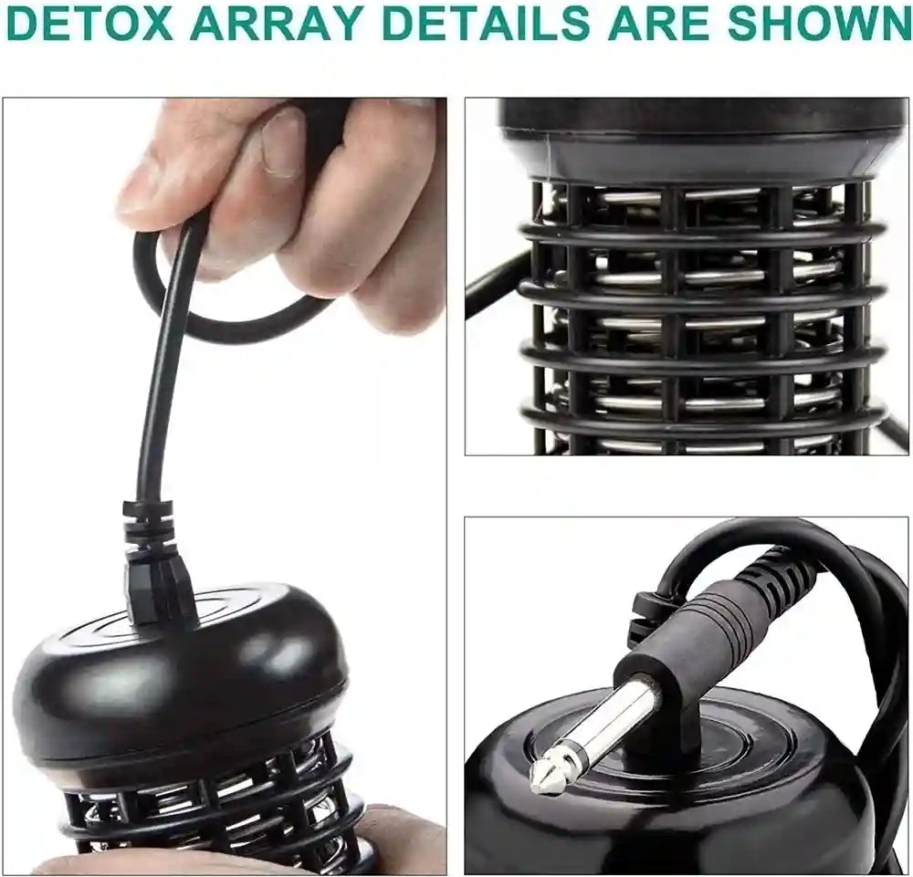 Stainless steel ion detox foot bath array with black plastic casing and plug connector for hydrotherapy spa machines.