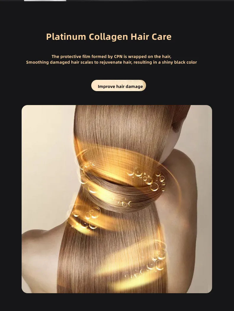 Shiny hair after using 1300W wall-mounted negative ion hair dryer with platinum collagen repair technology for home use.