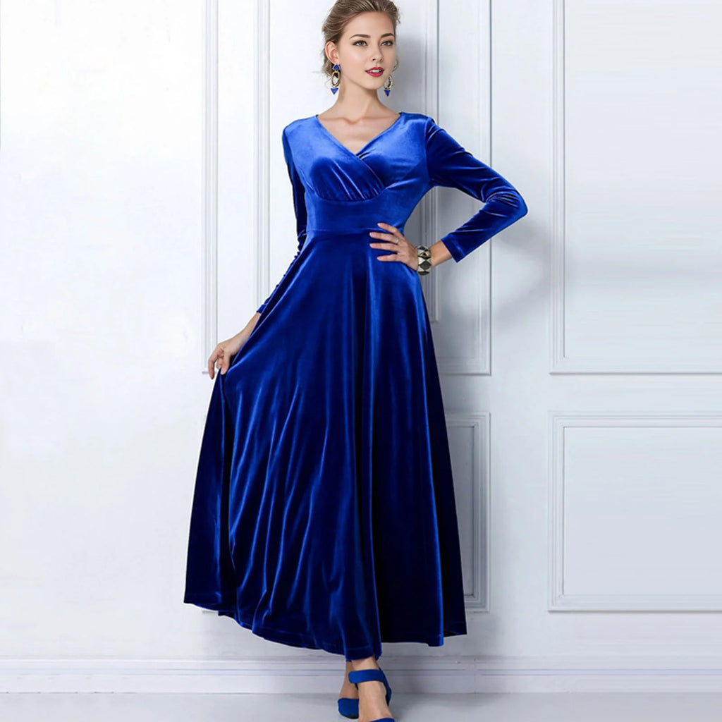 Vintage Women Autumn Long Sleeve V Neck Pleated Velvet Banquet Party Maxi Dress Party Wedding Elegant Evening dress 