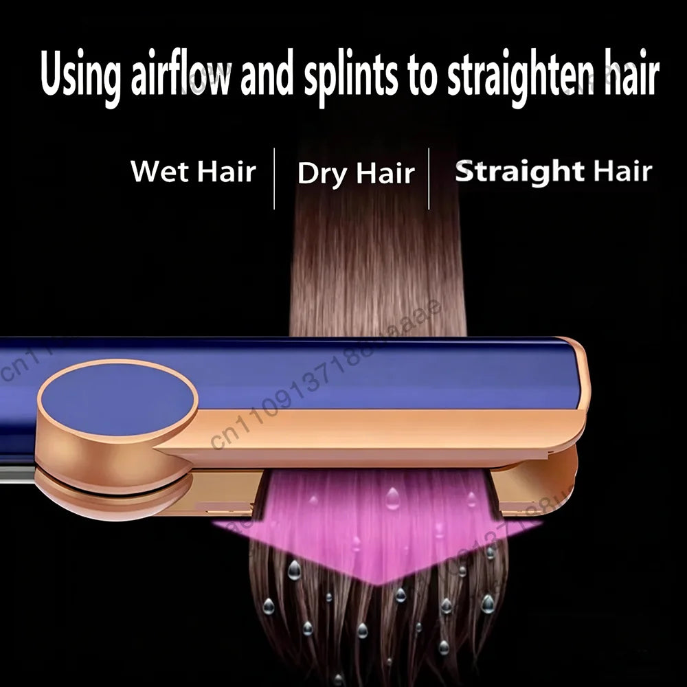 Blue and gold 2-in-1 negative ion hair dryer and straightener iron styling tool for wet and dry hair.