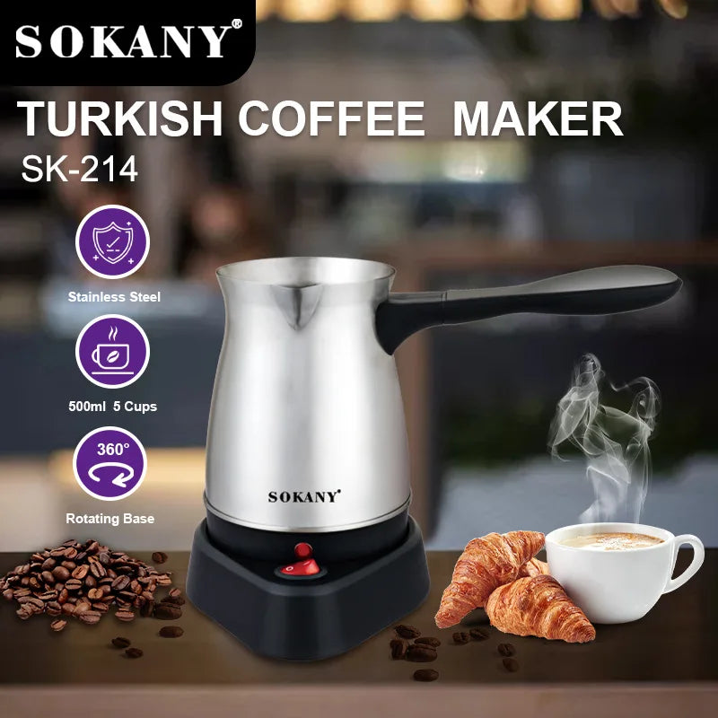 Sokany SK-214 stainless steel Turkish coffee maker, 500ml capacity with 360-degree rotating base and black handle.