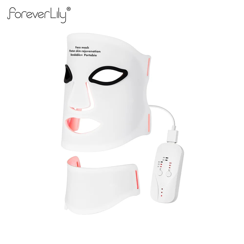 Flexible white silicone LED light therapy mask for face and neck, with a handheld remote control.