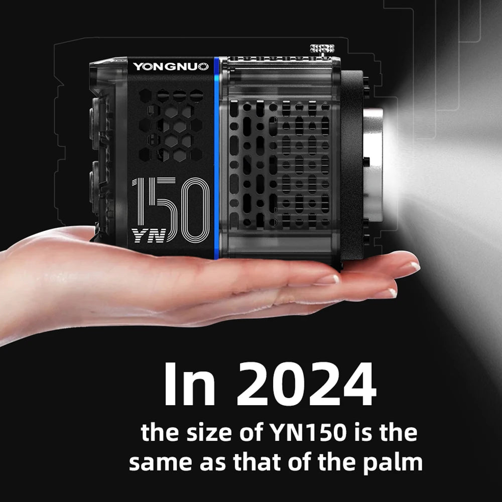 Handheld YN150 compact black LED video light with a perforated metal housing, held in a palm for scale.