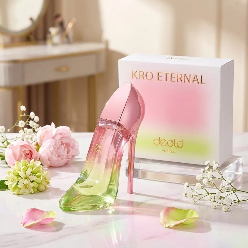 Deold Kro Eternal women’s 50ml luxury musk perfume. Gradient high heel bottle. Elegant, sensual, long-lasting scent.