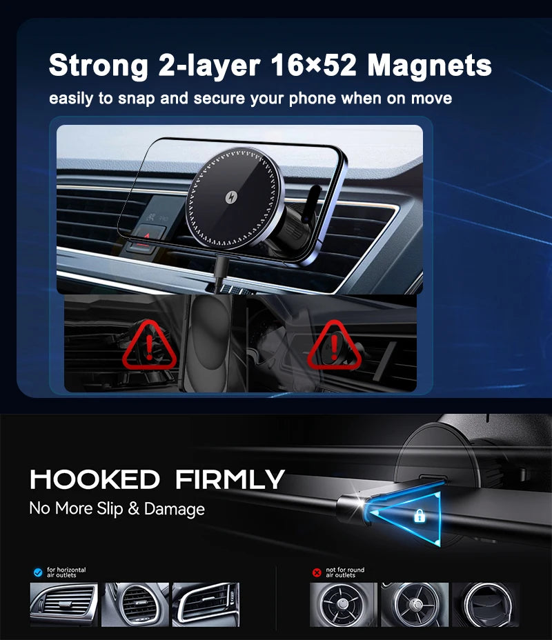 Magnetic Wireless Car Charger 15W - MagSafe Compatible Air Vent Mount Tidesmit