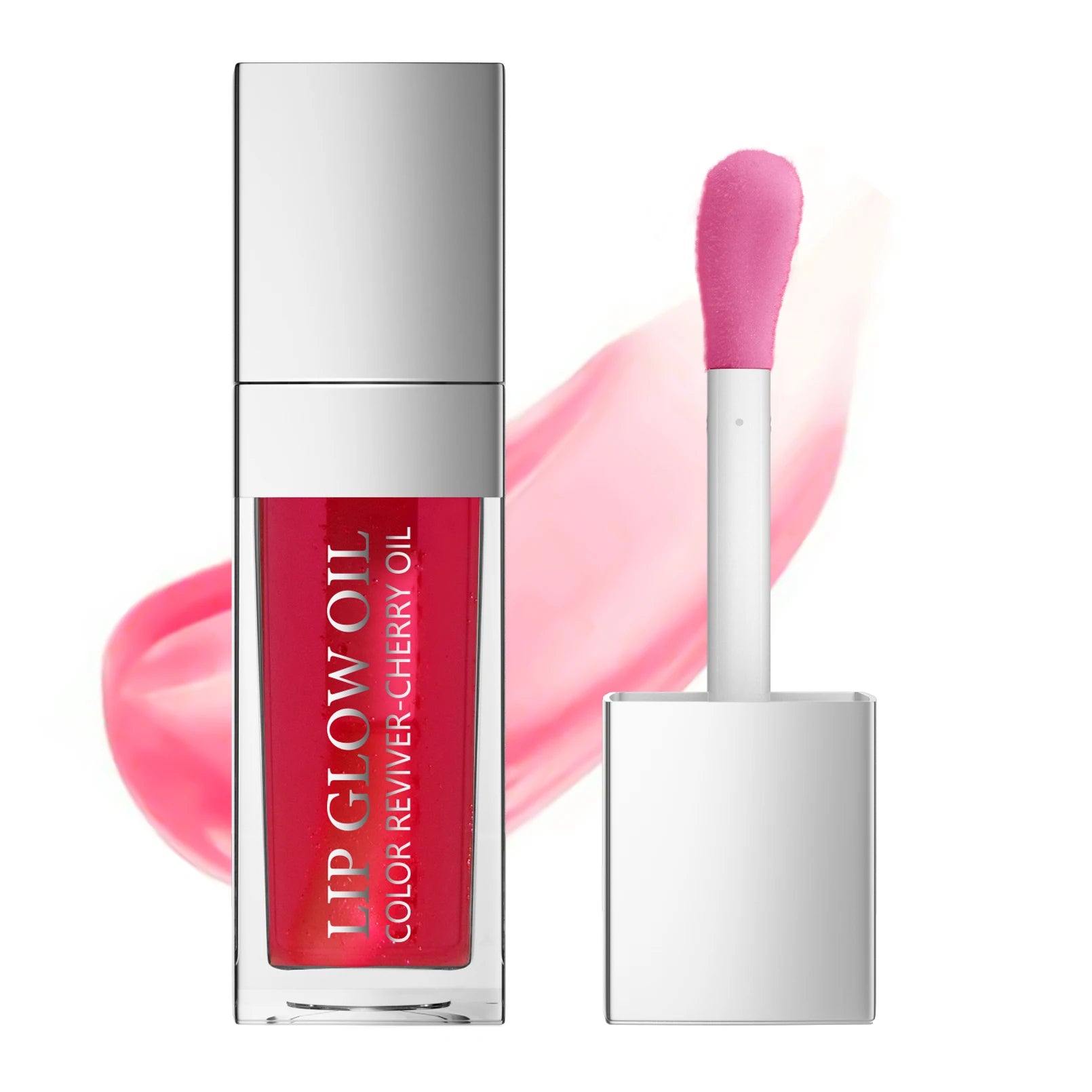 Crystal jelly moisturizing lip glow oil in cherry red with applicator wand for a shiny, plumping makeup finish.