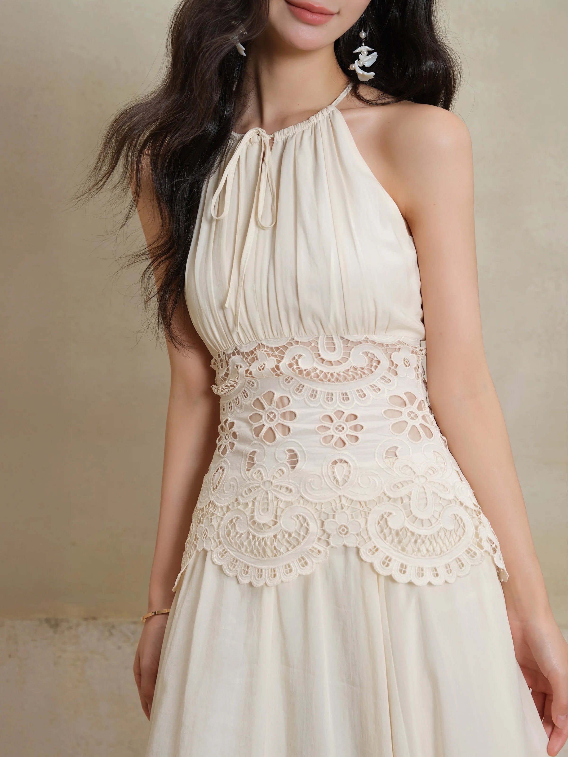 Lace Halter Maxi Dress Women Summer A-Line Slim Fit French Style Elegant Long Dress Hollow Out Sleeveless Fake Two-Piece Outfit