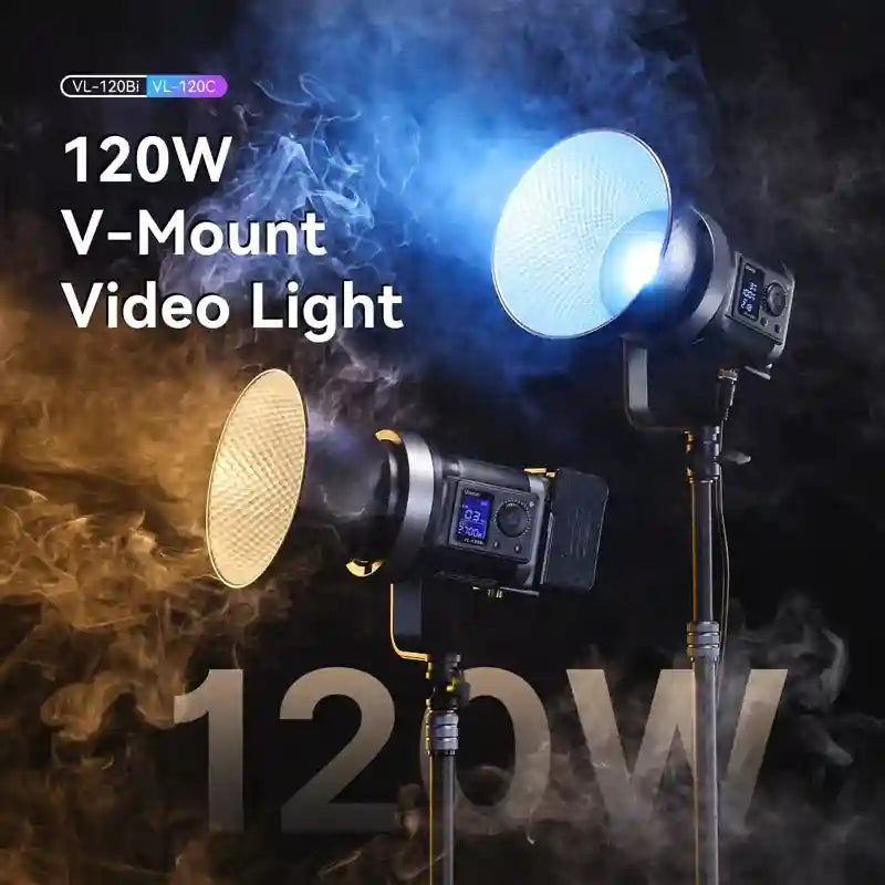 Two 120W V-mount LED studio lights on stands with reflector dishes, emitting cool and warm light against smoky black.