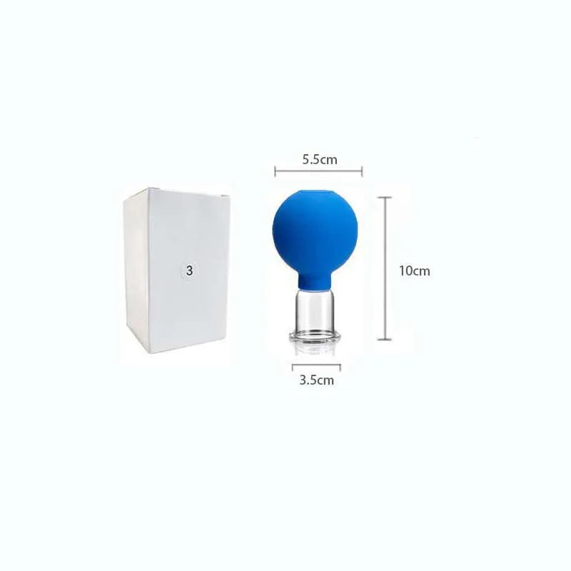 Blue rubber and glass facial cupping tool with size dimensions shown next to its white storage box.