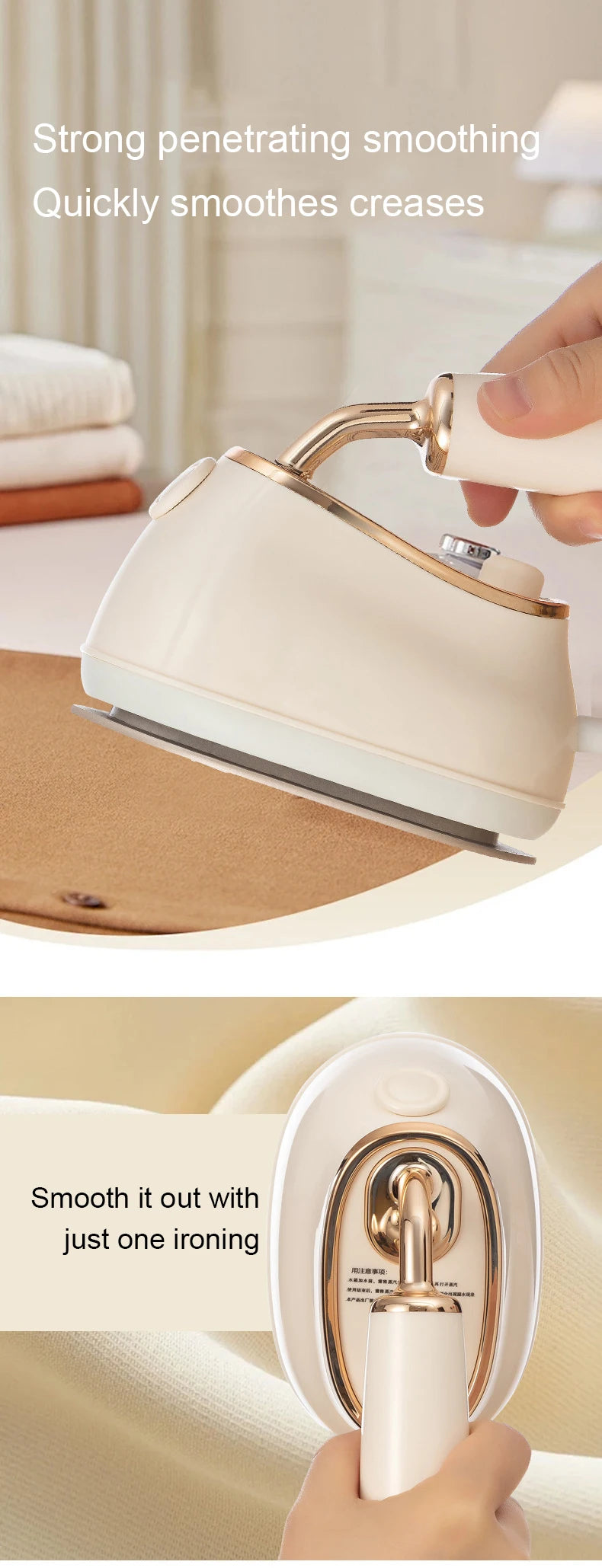 Tidesmit portable mini steam iron showing dual dry and wet ironing modes for compact travel wrinkle removal