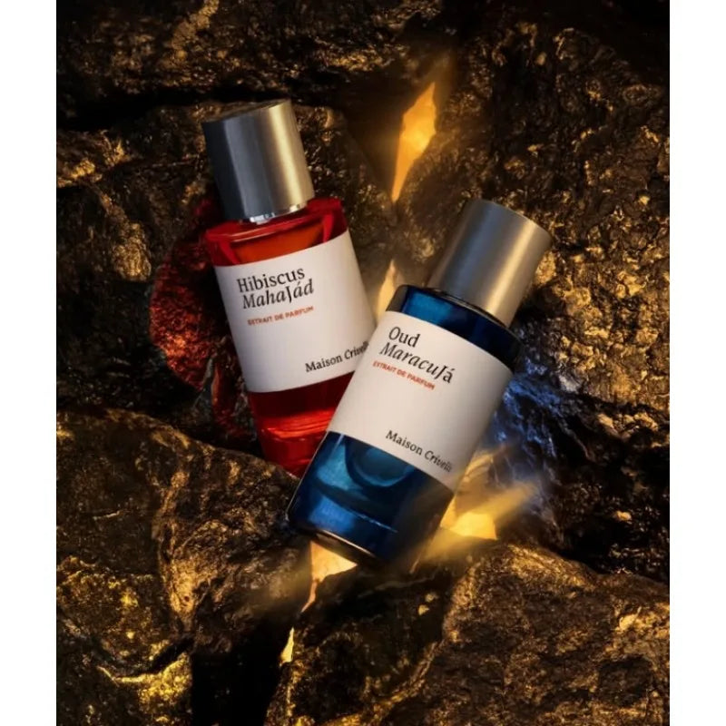 Maison Crivelli Hibiscus Mahajád & Oud Maracujá Extrait de Parfum unisex luxury cologne in sleek glass bottles.