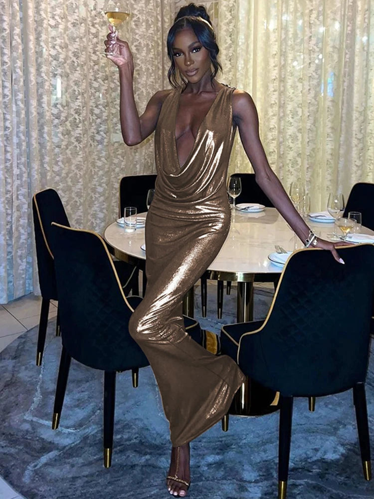 Dulzura Solid Pu Swinging Collar Lace-Up Backless Maxi Dress Bodycone Sexy Party Elegant Y2K Club 2023 Summer For Women Classy