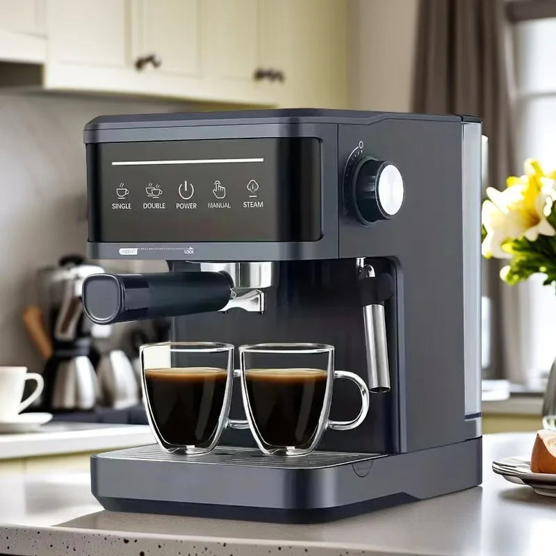 Matte black espresso machine with digital touch display and steam wand brewing two coffees in clear glass mugs.