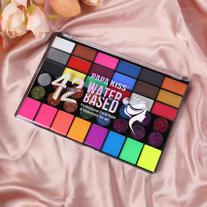 Tidesmit 42 color water soluble glow neon face and body paint makeup kit showing vibrant festival palette swatches