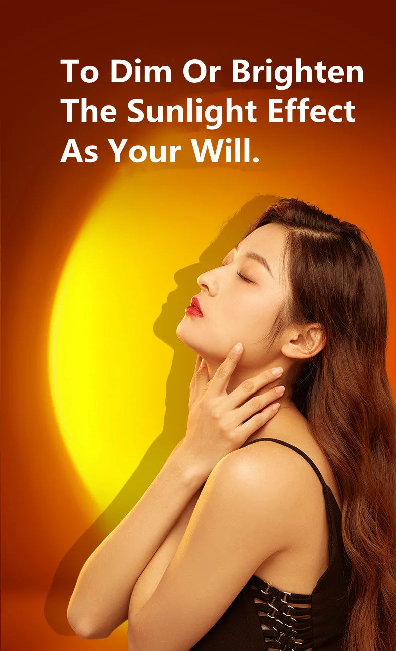 Sunset projection lamp creating a circular yellow and orange light effect behind a woman for ambient photography