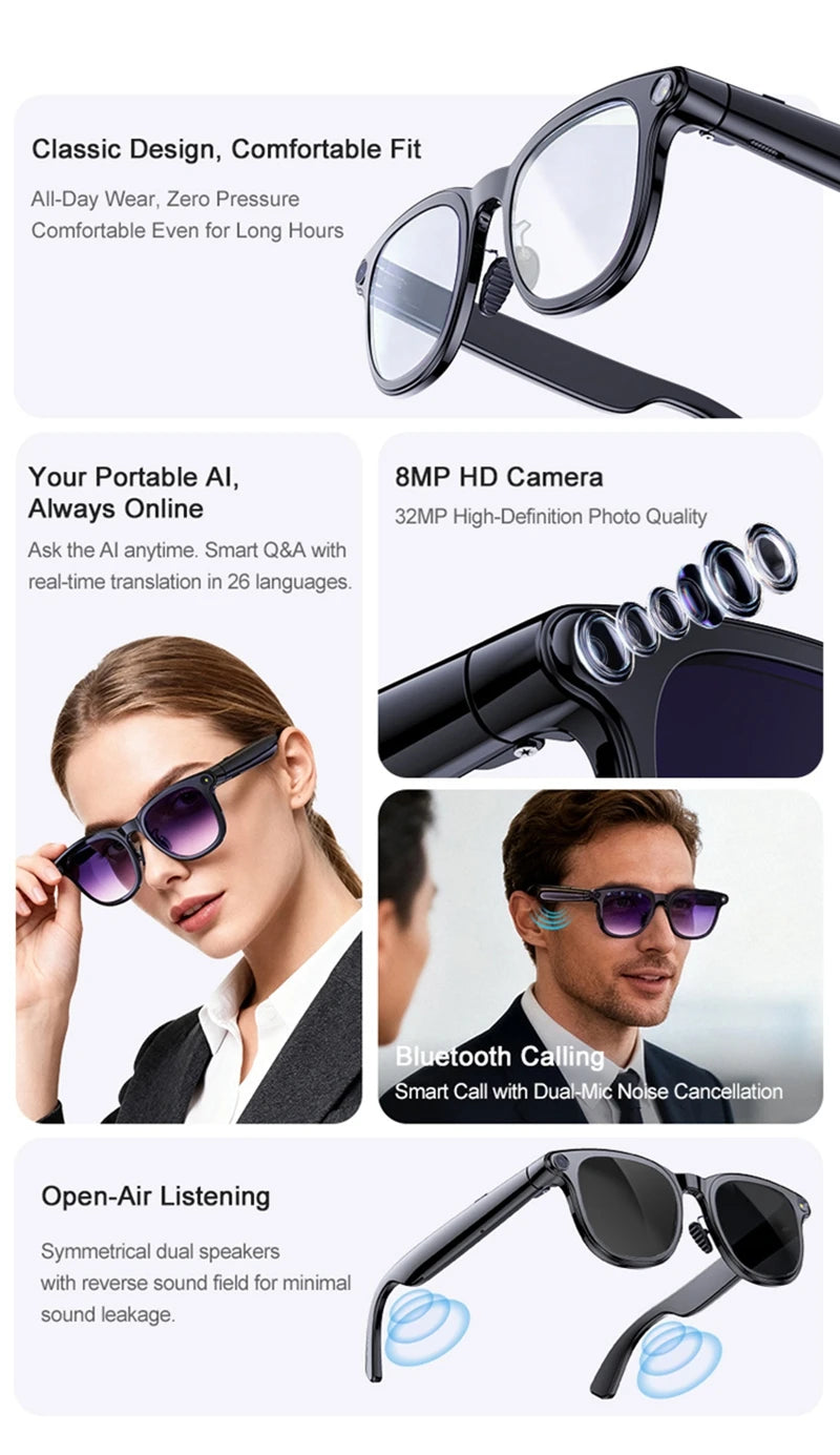 Smart Glasses with 8K Camera, Bluetooth Audio & 3-Lens Set Tidesmit