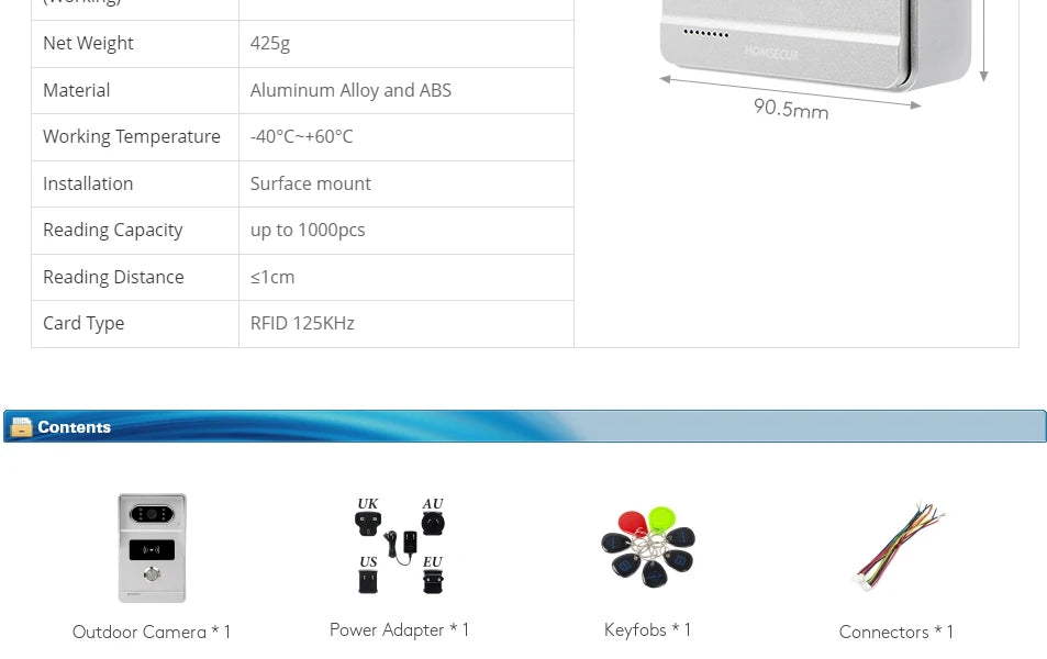 Surface Mount 4 Wire HD Doorbell Camera HTD2 120° View Angle RFID Access for HOMSECUR 1080P Home Video Door Phone Intercom