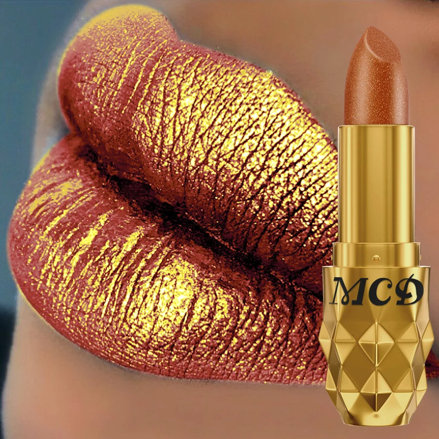 Metallic gold-red lipstick with pearlescent glitter finish on lips and luxury gold tube packaging.