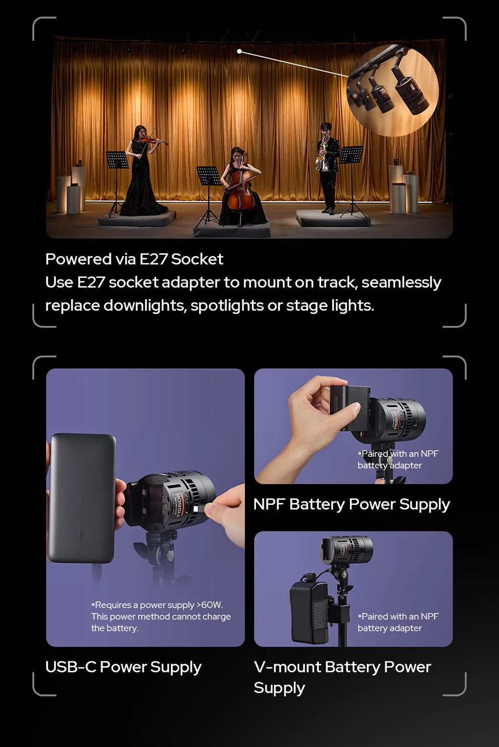 Small, black cylindrical studio light with multiple power options: E27 socket, USB-C, NPF, and V-mount batteries.