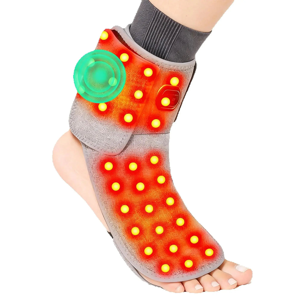 Grey ankle and foot heating sleeve with red light therapy and vibration massage for joint pain relief.
