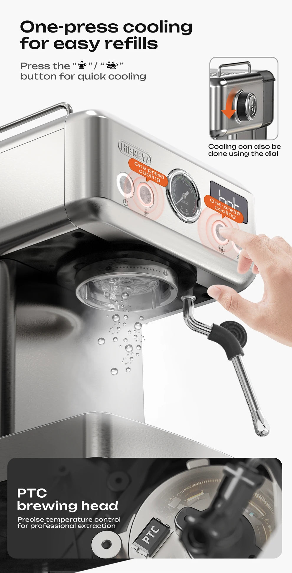 HiBREW stainless steel espresso machine with one-press cooling feature, pressure gauge, and PTC brewing head.