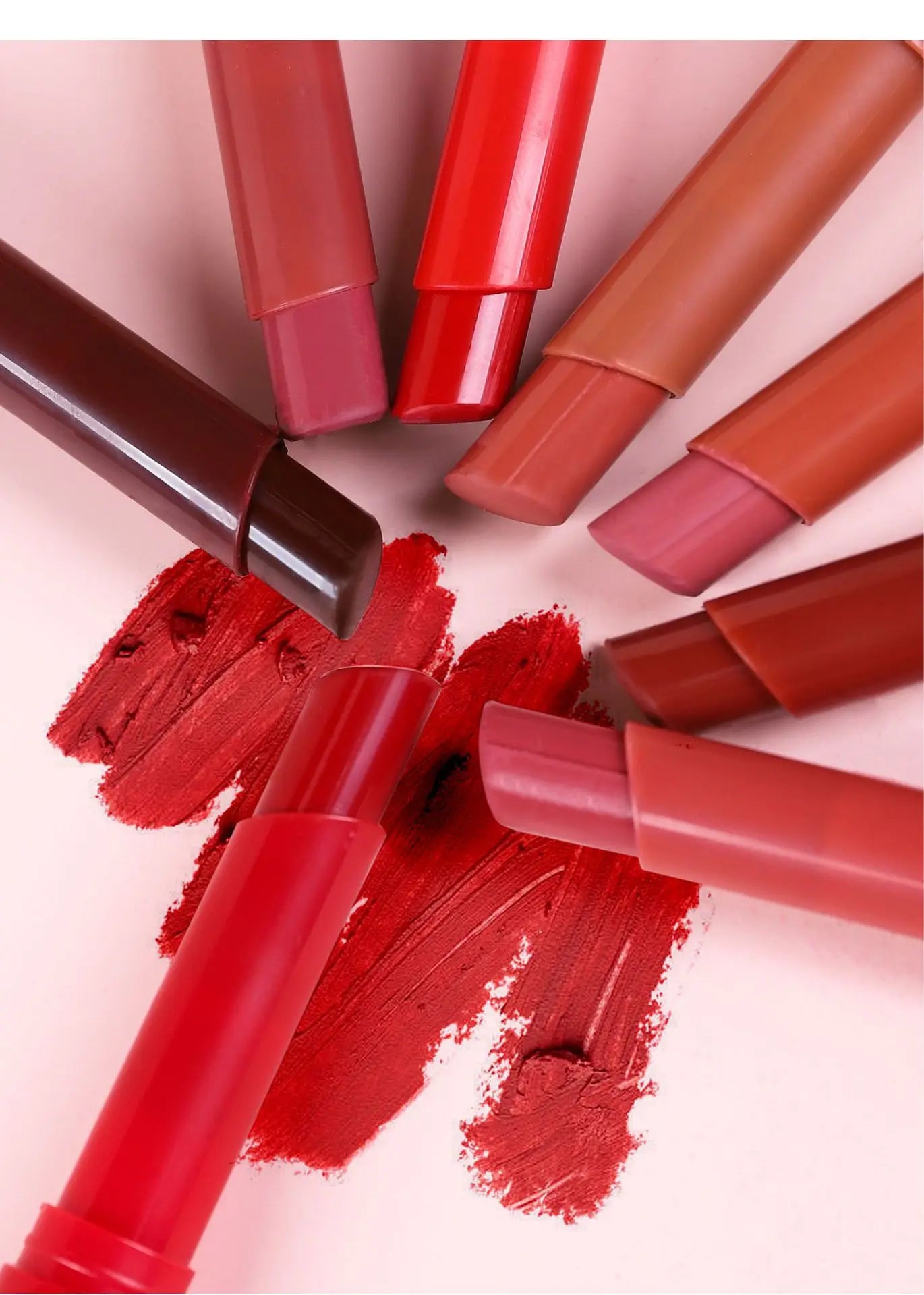 8pcs velvet matte lipstick set in various shades with matching pigment swatches on a soft pink background.