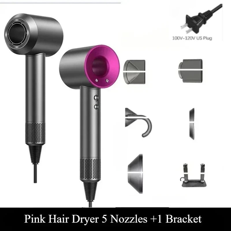 Professional leafless negative ion hair dryer in pink/grey with 5 styling nozzles and wall-mount bracket, US plug.