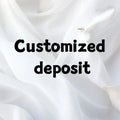 Text reading "Customized deposit" overlaid on a background of soft, white flowing fabric and a white dove.
