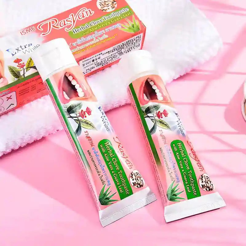 Tidesmit Rasyan herbal teeth whitening toothpaste for removing tartar, bad breath, and gum protection.