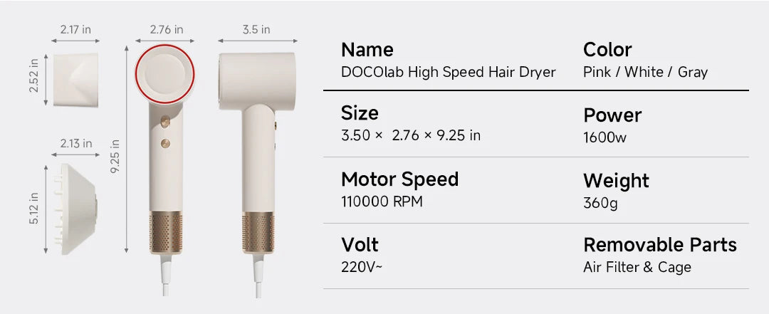 DOCO high-speed hair dryer specs showing 110,000 RPM motor, attachments, dimensions, and sleek lightweight design.