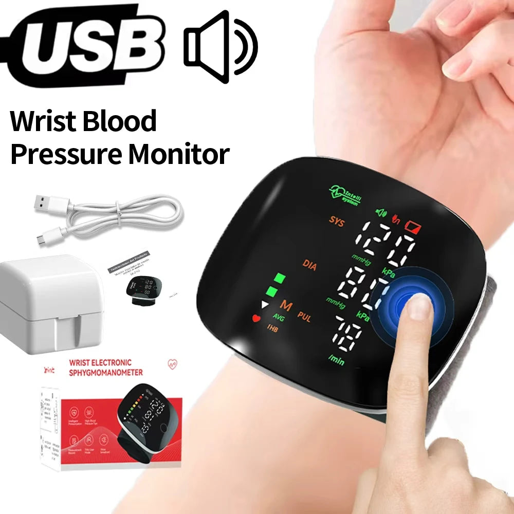 Blood Pressure Monitor New LED Rechargeable Wrist Blood Pressure Monitor English Spanish Voice Broadcast Tonometer BP Monitor