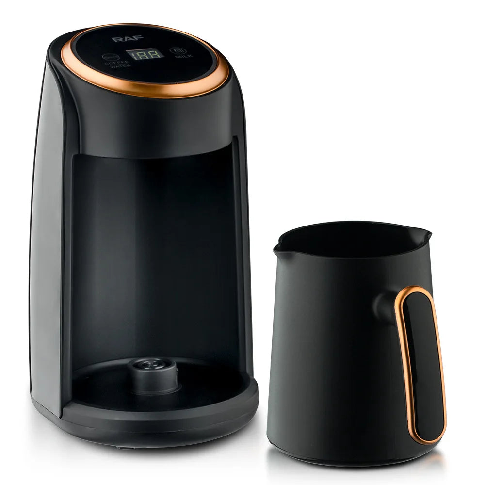 RAF electric Turkish coffee maker in black and copper with digital touch display and matching coffee pot.