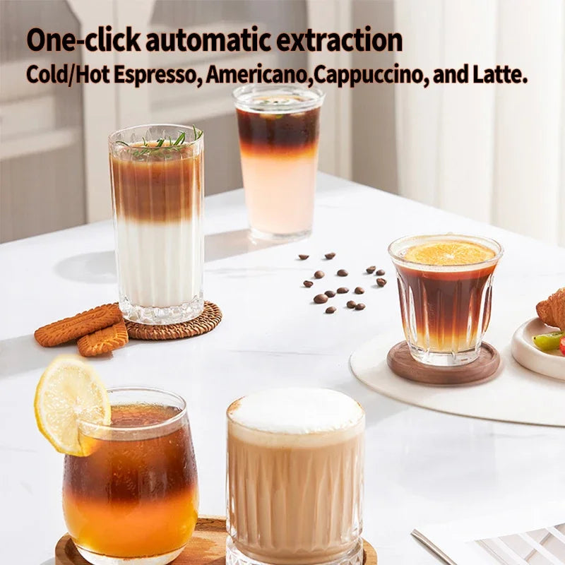 Automatic coffee maker for hot and cold espresso, latte, and cappuccino drinks served in stylish glass tumblers.