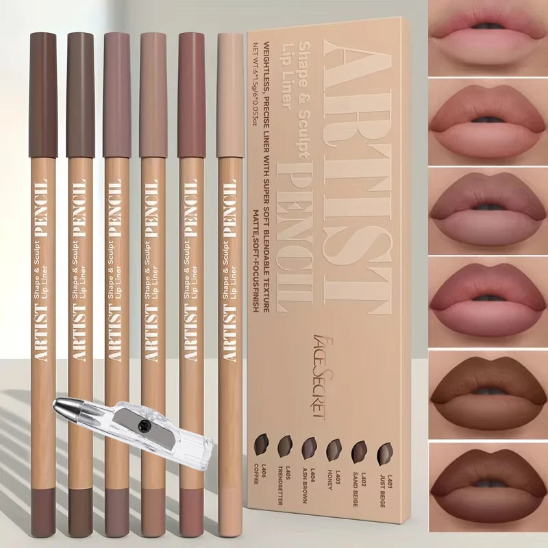 7-piece matte lip liner set with pencil sharpener in neutral earth tones and long-lasting matte texture.
