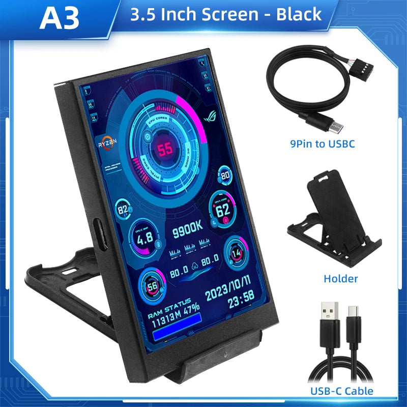 TURZX 3.5 / 5 Inch IPS USB Secondary Screen for Computer CPU GPU RAM HDD Monitor Type C Display NO AIDA64 LCD for Windows 10 11