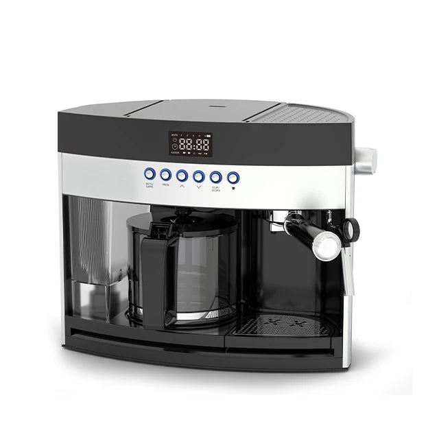 Black and silver programmable drip coffee maker with glass carafe, LED display, and steam wand for espresso brewing.